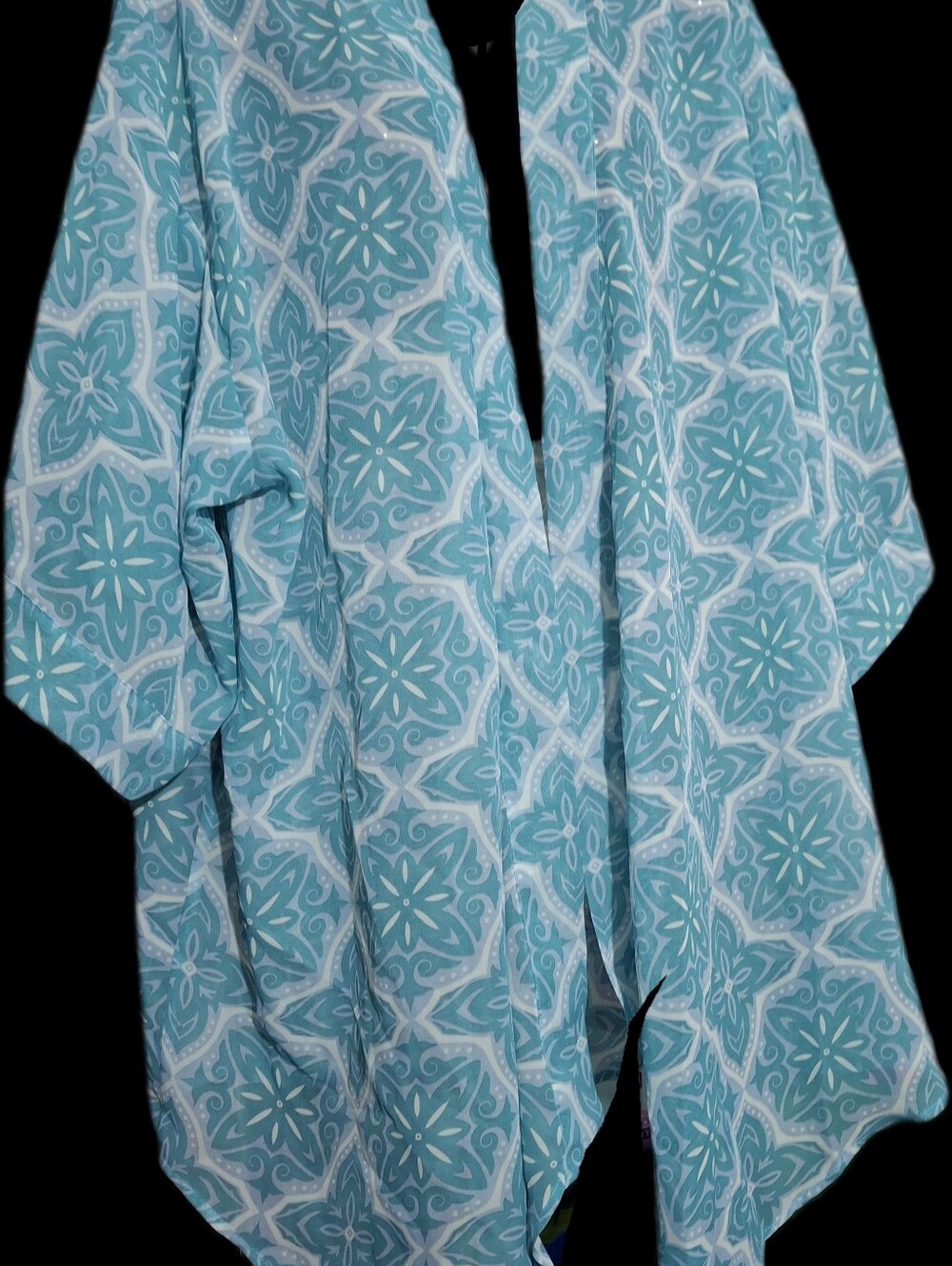 NWT Laura Janelle Sheer Teal Green Geometric Tile Boho Kimono Wrap Cover Up